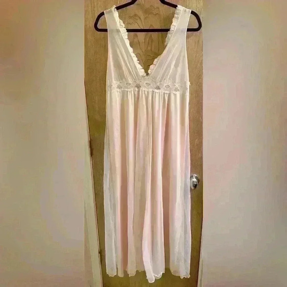 VTG Intime California Pink/Ivory Sheer & Lace Sleeveless Night Gown Womens Sz M - Picture 1 of 8
